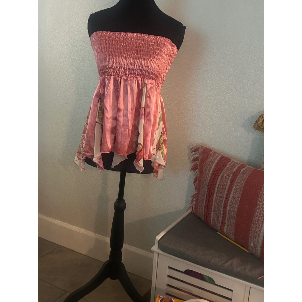 Y2K Niche USA Pink Butterfly Print Smocked Tube Top Handkerchief Hem Fairycore M